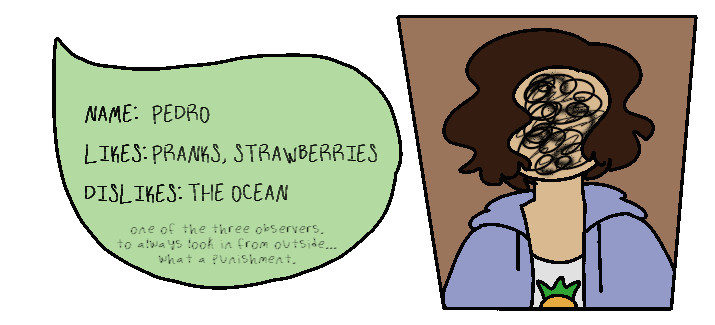 A card. It reads NAME: Pedro. LIKES: pranks, strawberries. DISLIKES: the ocean. one of the three observers. to always look in from outside... what a punishment.